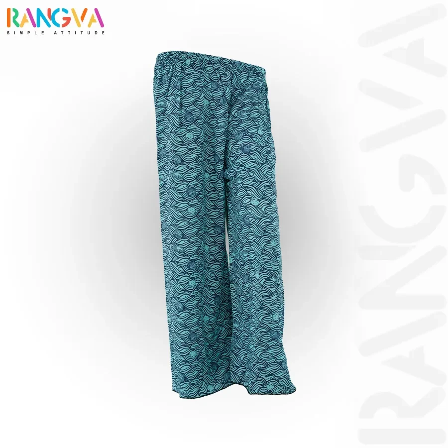Wave Design Printed Cotton Palazzo-Teal (Straight Cut)