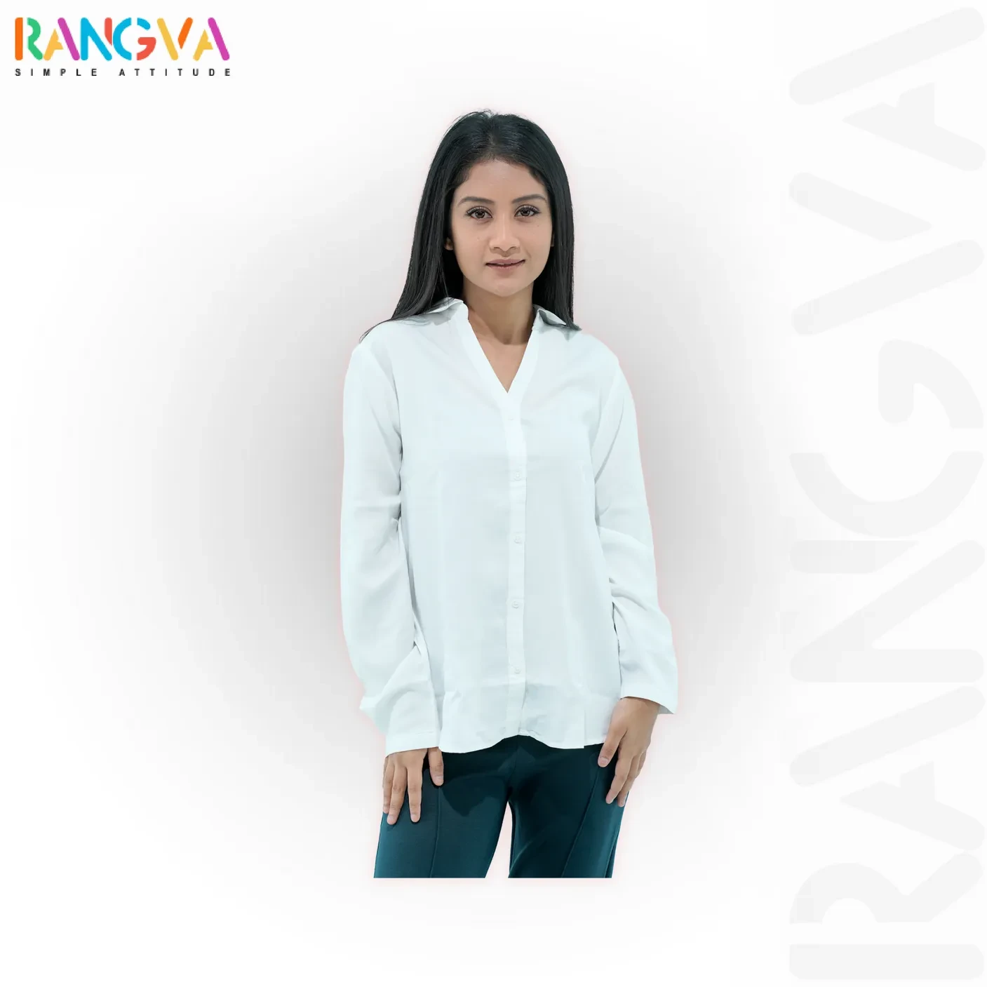 RANGVA Pure White Cotton V-Neck Shirt