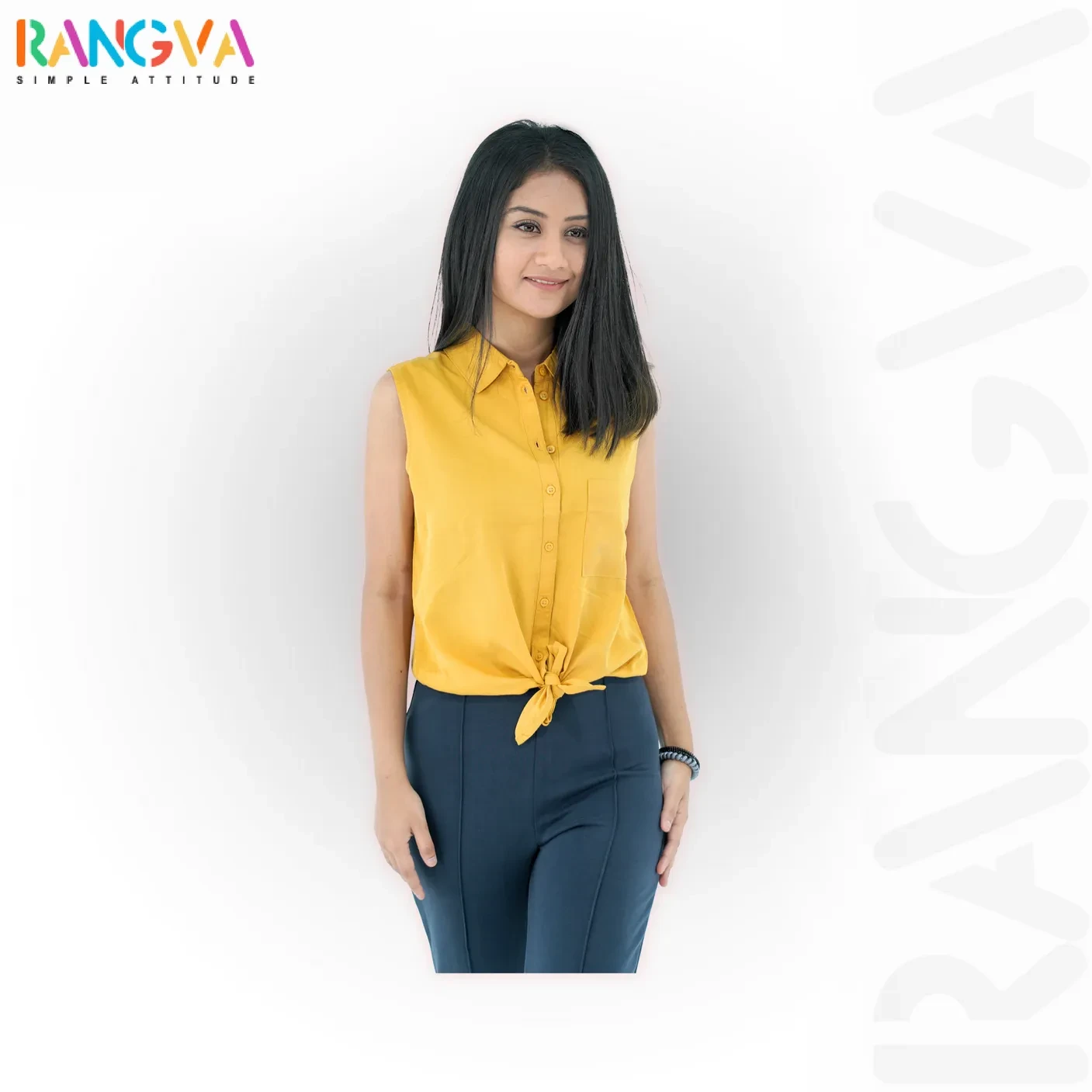 RANGVA Sunny Yellow Sleeveless Tie-Front Shirt