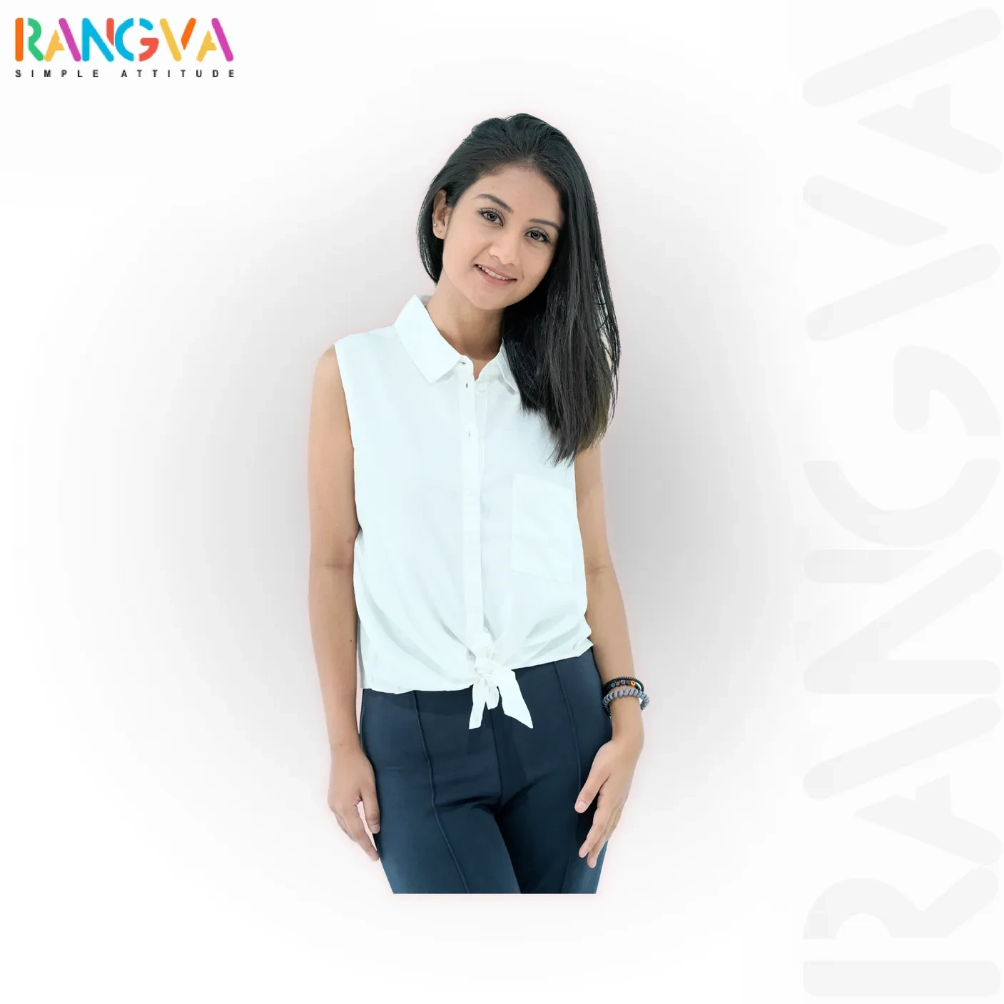 RANGVA Breezy White Sleeveless Tie-Front Shirt